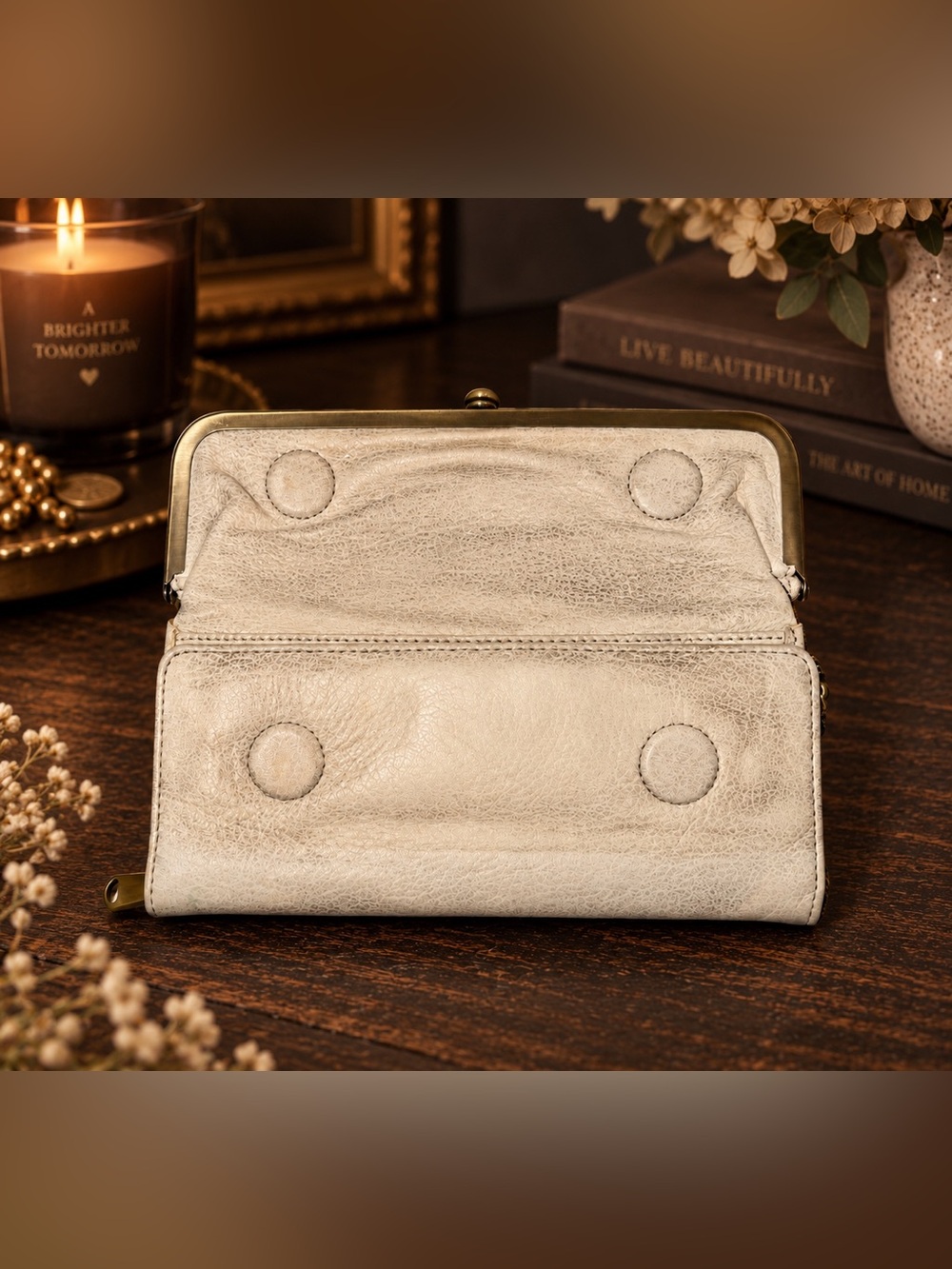 HOBO International Cream Distressed Leather Frame Organizer Wallet Clutch - Picture 3 of 3